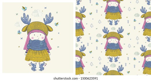 Hand drawn vector Illustration of Cute little girl with seamless pattern.Can be used for t-shirt print, kids wear fashion design, baby shower invitation card.