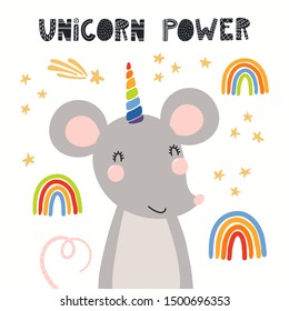Hand drawn vector illustration of a cute funny mouse with horn, stars, rainbows, quote Unicorn power. Isolated objects on white background. Scandinavian style flat design. Concept for children print.