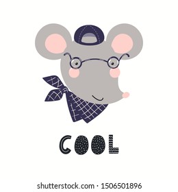 Hand drawn vector illustration of a cute hipster mouse in glasses, snapback cap, bandana, with quote Cool. Isolated objects on white background. Scandinavian style flat design. Concept children print.