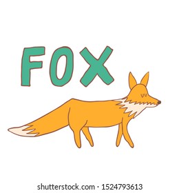 Hand drawn vector illustration. Cute little fox and a word "Fox".