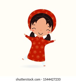 Hand drawn vector illustration of a cute cartoon girl in ao dai, traditional Vietnamese clothes. Isolated on white. Flat style design. Concept for card, poster, banner, travel, tourism in Vietnam.
