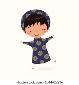 Hand drawn vector illustration of a cute cartoon boy in ao dai, traditional Vietnamese clothes. Isolated on white. Flat style design. Concept for card, poster, banner, travel, tourism in Vietnam.