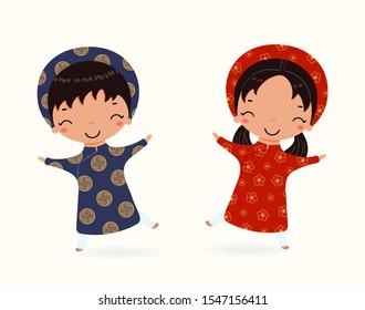 Hand drawn vector illustration of a cute children, boy and girl, in ao dai, traditional Vietnamese clothes. Isolated on white. Flat style design. Concept for poster, banner, travel, tourism in Vietnam