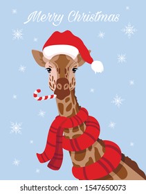 Hand drawn vector illustration of cute animals, giraffe in Santa hats. Concept Christmas card, invite.  in a warm red scarf. Sketch of the giraffe facial head. Vector illustration christmas sweets 