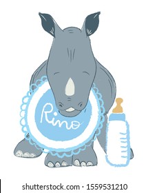 Hand drawn vector illustration with a cute baby rhinoceros with feeding bottle celebrating new birth - isolated on white background