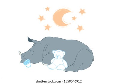 Hand drawn vector illustration with a cute baby rhinoceros sleeping celebrating new birth - isolated on white background