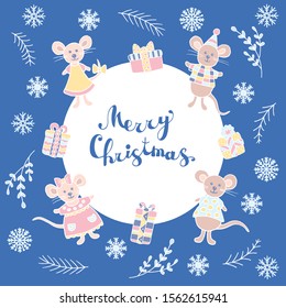 Hand drawn vector illustration with cute Doodle mice and Christmas gifts on blue background, for greeting card design. Symbol of 2020