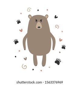 Hand drawn vector illustration of a cute funny bear. Baby vector print for nursery t-shirt, kids apparel, invitation, child design. Sweet baby shower card.