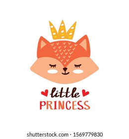 Hand Drawn Vector Illustration Of A Cute Fox Face In A Crown, With Lettering Quote Little Princess. Scandinavian Style Flat Design. Concept For Children Print.