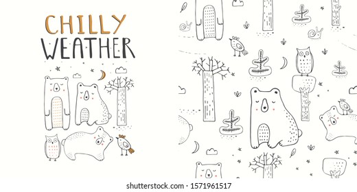 Hand drawn vector illustration of cute white bears owl and bird with winter forest seamless pattern