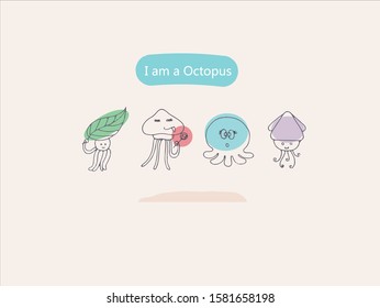 Hand drawn vector illustration of cute octopus and squid