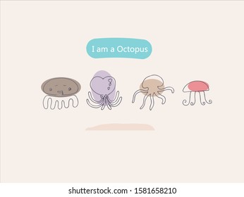 Hand drawn vector illustration of cute octopus and squid