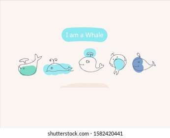 Hand drawn vector illustration of cute whale
