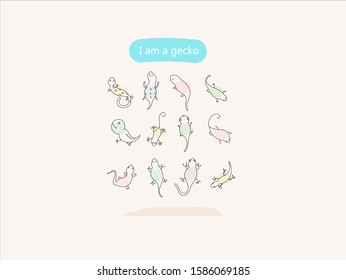 Hand drawn vector illustration of cute gecko and four-horned reptile