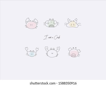 Hand drawn vector illustration of cute crab; simple line-drawing crab