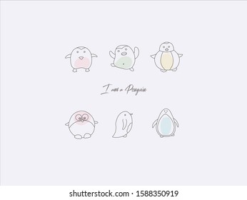 Hand drawn vector illustration of cute penguin; simple line-drawing penguin