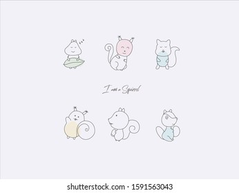 Hand drawn vector illustration of cute Squirrel, simple line-drawing Squirrel,Squirrel holding a leaf,Squirrel holding a nut