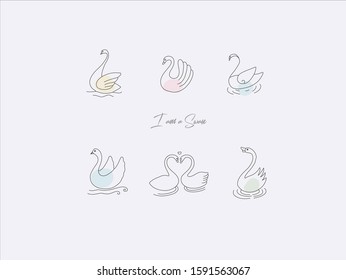 Hand drawn vector illustration of cute Swans, simple line-drawing Swans,Swans in the water,Composition of loving swans