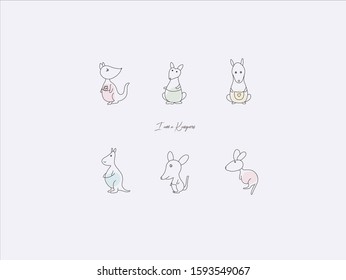 Hand drawn vector illustration of cute kangaroo, simple line-drawing kangaroo,Kangaroo mother with baby kangaroo
