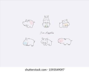 Hand drawn vector illustration of cute hippopotamus, simple line-drawing hippopotamus