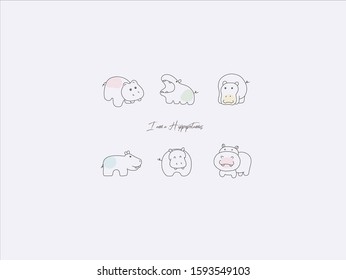 Hand drawn vector illustration of cute hippopotamus, simple line-drawing hippopotamus,hippo with open mouth