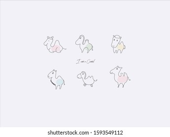 Hand drawn vector illustration of cute camel, simple line-drawing camel,Camel lying on the ground