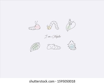 Hand drawn vector illustration of cute Caterpillar, simple line-drawing Caterpillar,Caterpillar cartoon,Caterpillars eating leaves