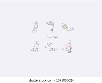 Hand drawn vector illustration of cute Caterpillar, simple line-drawing Caterpillar,Caterpillar cartoon,Caterpillars eating leaves