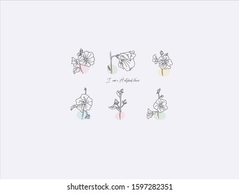 Hand drawn vector illustration of cute Hollyhock flowers, simple line-drawing Hollyhock flowers,Beautiful flowers,Flowers with buds,Flowers with leaves