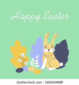 Hand drawn vector illustration with a cute bunny on the edge of the forest and Easter eggs . Happy Easter inscription . Flatstyle. Greeting card, poster, design elements