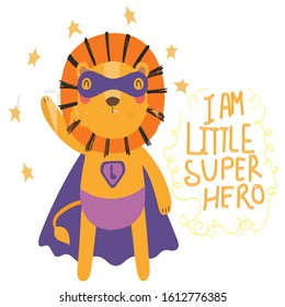 Dibujo manual de una adorable superheroína de león, con letra de superhéroe pequeño. Objetos aislados sobre fondo blanco. Diseño plano de estilo escandinavo. Concepto de impresión infantil.