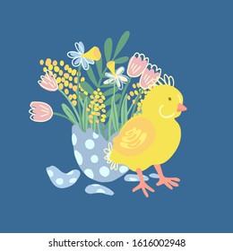 Hand drawn vector illustration of a cute little chicken with a bouquet of flowers in the half of cracked egg. There are tulips, mimosa and narcissus. Great for Easter greeting cards and posters.