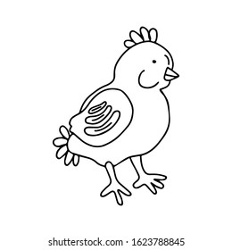 Hand drawn vector illustration of a cute little chicken in doodle style isolated on white background. Great for Easter greeting cards, poster, coloring books and logo.