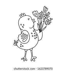 Hand drawn vector illustration of a cute little chicken with a bouquet of flowers isolated on white. There are tulips, mimosa and narcissus. Great for Easter greeting cards and posters. Doodle style.