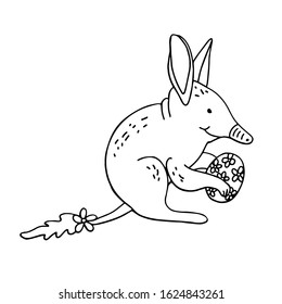 Hand drawn vector illustration of a cute easter bilby holding an eeg decorated with flowers isolated on white background. Great for Easter greeting cards, posters, coloring books. Doodle style.