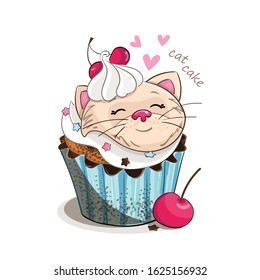 Hand drawn vector illustration of cute cupcake with cat. Design concept for cafe, for children print.