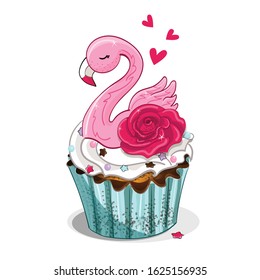 Hand drawn vector illustration of a cute cupcake with a Flamingo and a rose. Design concept for cafes, for children's prints.