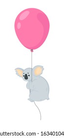 Hand drawn vector illustration of cute little koala bear flying on pink balloon in cartoons style. Isolated on white background. Funny little koala with pink balloon in childish style. 