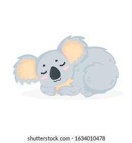 Hand drawn vector illustration of a cute sleeping koala bear in cartoon style. Funny little koala bear lying and sleep in childish style. Isolated on white background.