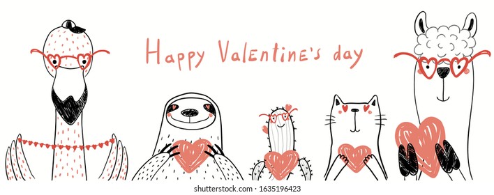 Hand drawn vector illustration of cute flamingo, sloth, cactus, cat, llama holding hearts, with text Happy Valentines day. Isolated objects on white. Line drawing. Design concept for kids card, banner