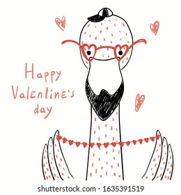 Hand drawn vector illustration of a cute funny flamingo in glasses, holding a heart, with text Happy Valentines day. Isolated objects on white. Line drawing. Design concept for kids card, invite.