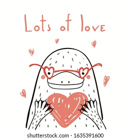 Hand drawn vector illustration of a cute funny platypus in glasses, holding a heart, with text Lots of love. Isolated objects on white. Line drawing. Design concept kids Valentines day card, invite.