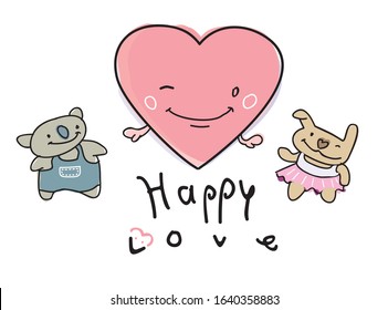 Hand drawn vector illustration of cute animals and heart shaped character. "Happy love" text lettering. Editable EPS vector