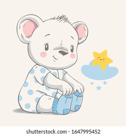 Hand drawn vector illustration of a cute baby bear in blue socks.