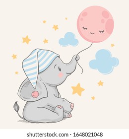 Hand drawn vector illustration of a cute baby elephant in a sleeping cap, holding the moon with his trunk.