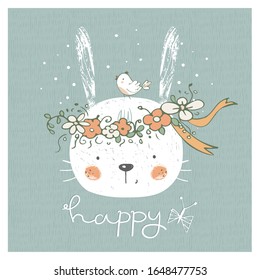 hand drawn vector illustration of cute romantic bunny girl with circlet of flowers/can be used for kid's or baby's shirt design/fashion print design/fashion graphic