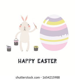 Hand drawn vector illustration with cute funny bunny painting eggs, text Happy Easter. Isolated on white background. Scandinavian style flat design. Concept for children print, card, invite.