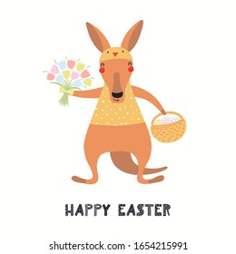 Hand drawn vector illustration with cute kangaroo, basket with eggs, flowers, text Happy Easter. Isolated on white background. Scandinavian style flat design. Concept for children print, card, invite.