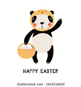 Hand drawn vector illustration with cute funny panda, basket with eggs, text Happy Easter. Isolated on white background. Scandinavian style flat design. Concept for children print, card, invite.