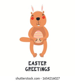 Hand drawn vector illustration with cute funny beaver, eggs, text Easter Greetings. Isolated on white background. Scandinavian style flat design. Concept for children print, card, invite.